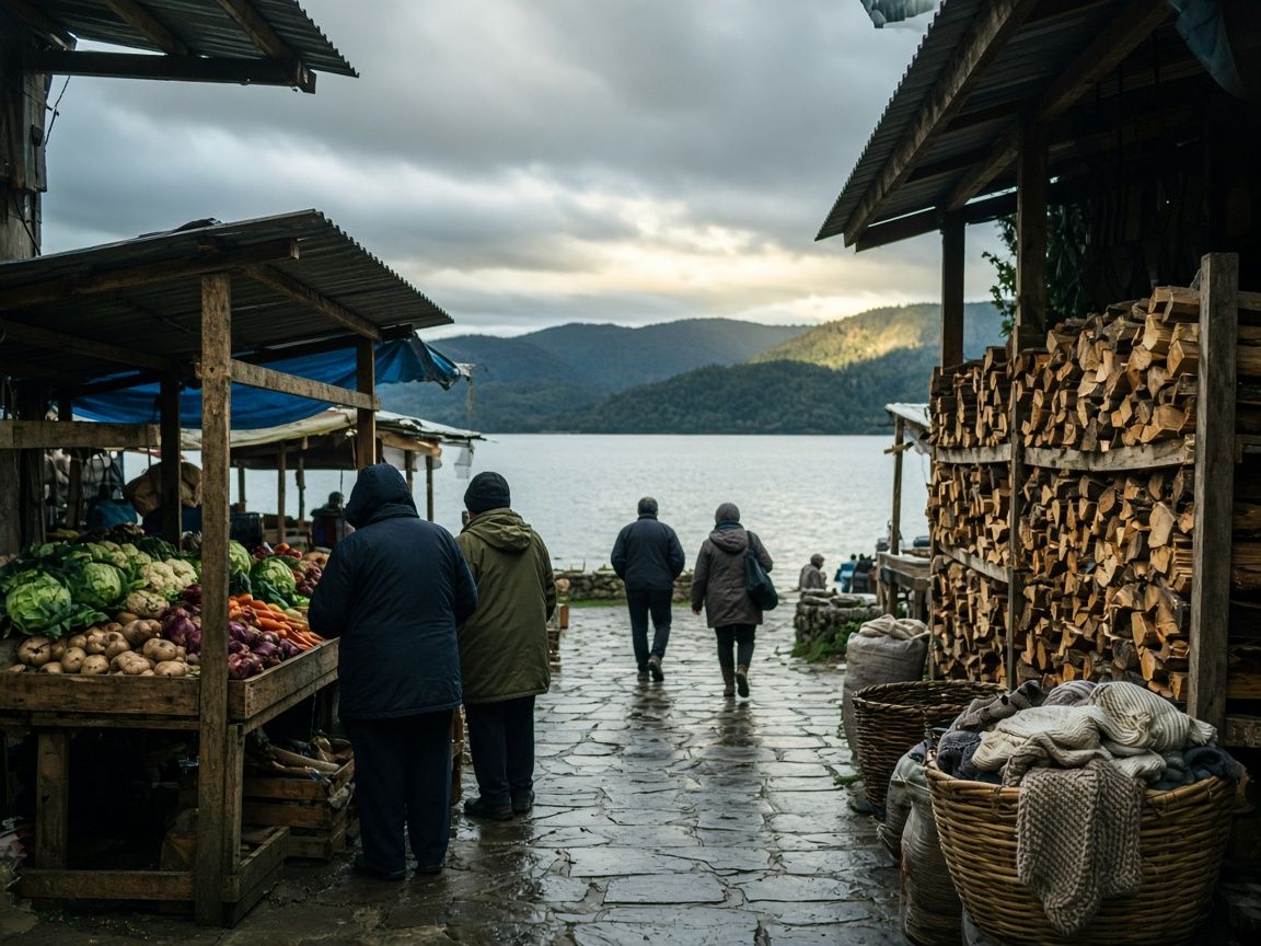 Feria local junto al lago fuera de temporada, con puestos de leña y lana y personas de espaldas en un día frío